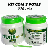 KIT COM 3 STÉVIAS RAFHÁ 100% NATURAL IMPORTADA - 3 Potes de 80g (cada) em pó